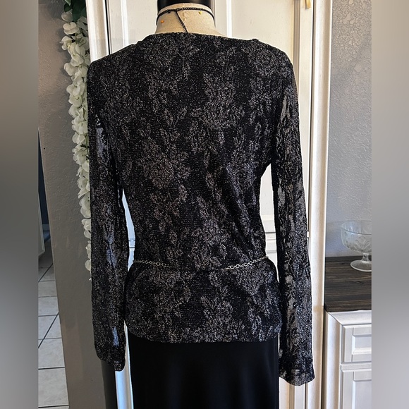 Small Fitted Black Glitter Floral Mesh‎ Sleeve Vintage Blouse Witchy - Picture 7 of 9